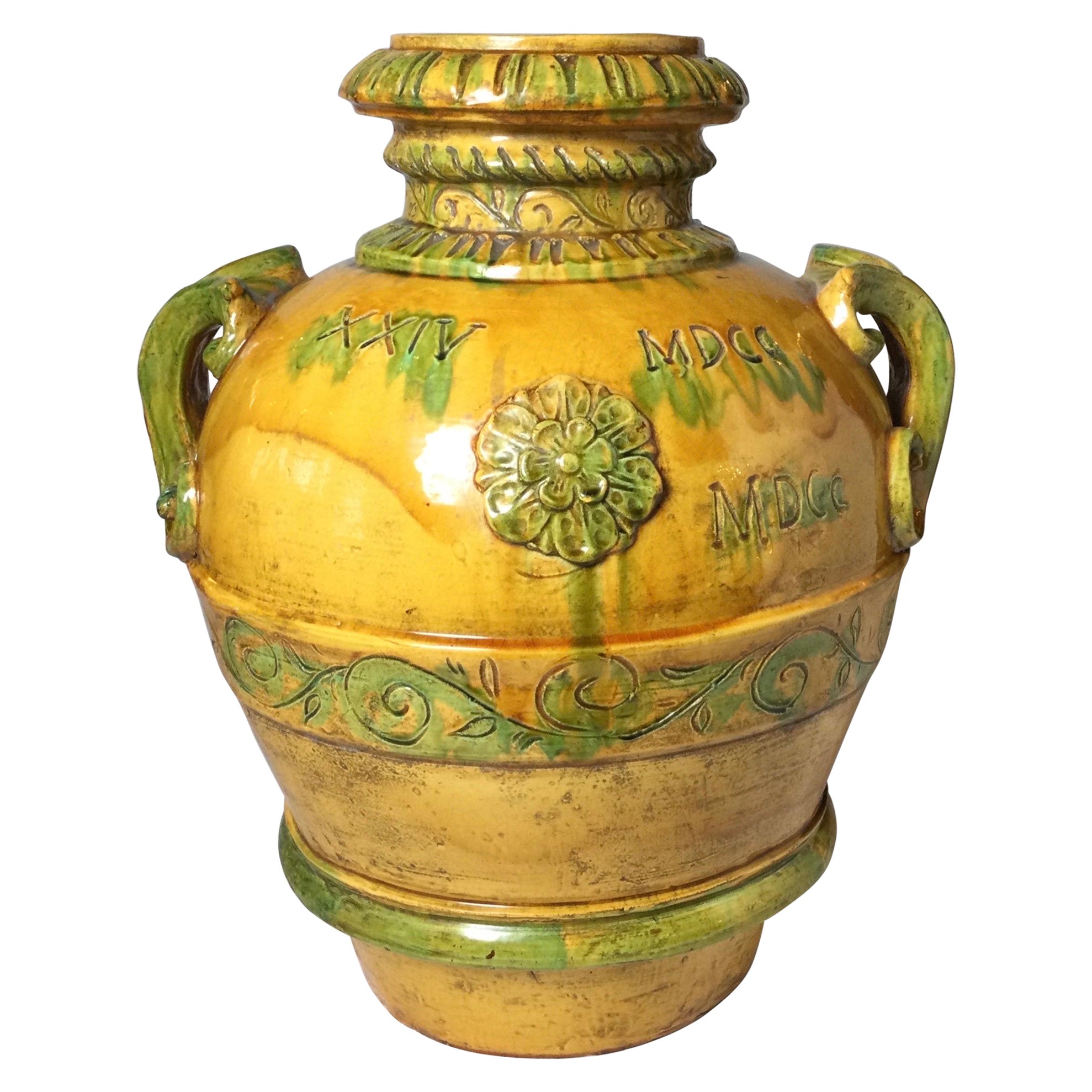 Large Italian Bright Yellow Glazed Earthenware Handled Vessel