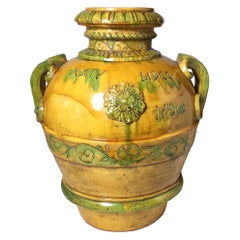 Large Italian Bright Yellow Glazed Earthenware Handled Vessel