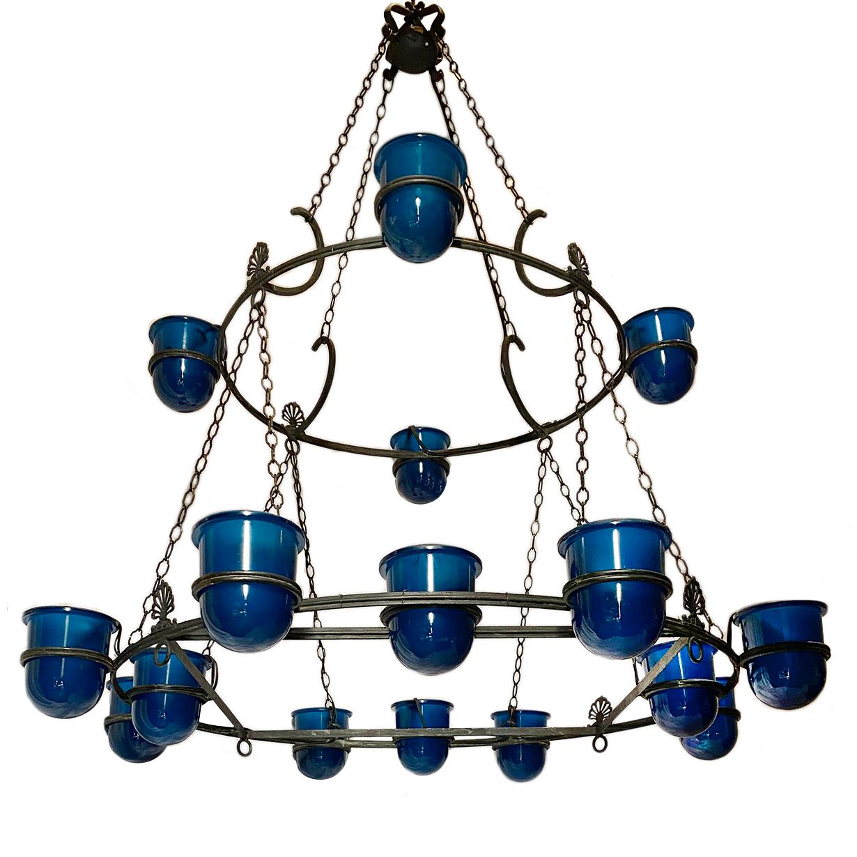 Large Italian Bronze Chandelier with Blue Glass Insets In Good Condition For Sale In New York, NY