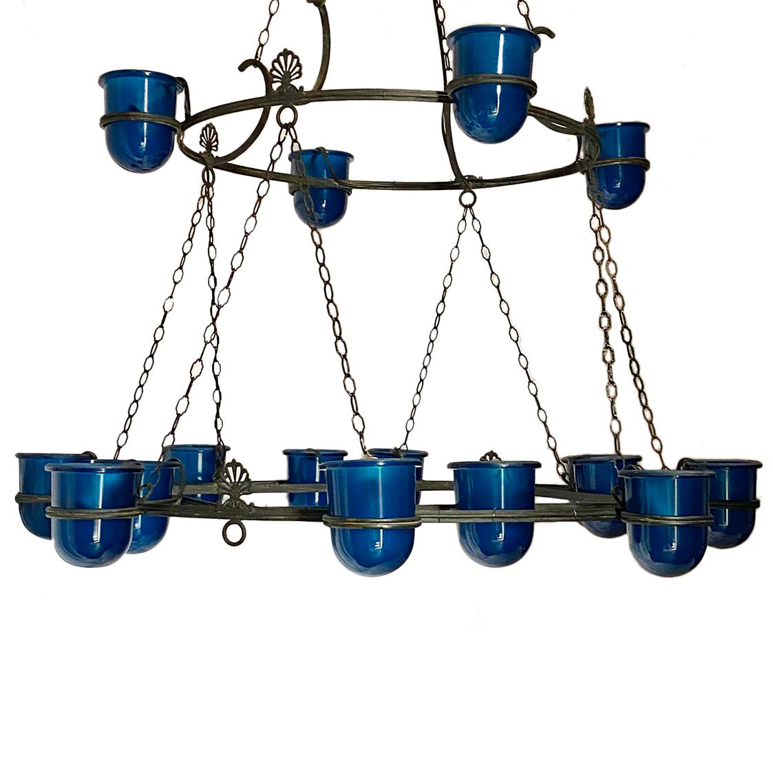 Early 20th Century Large Italian Bronze Chandelier with Blue Glass Insets For Sale