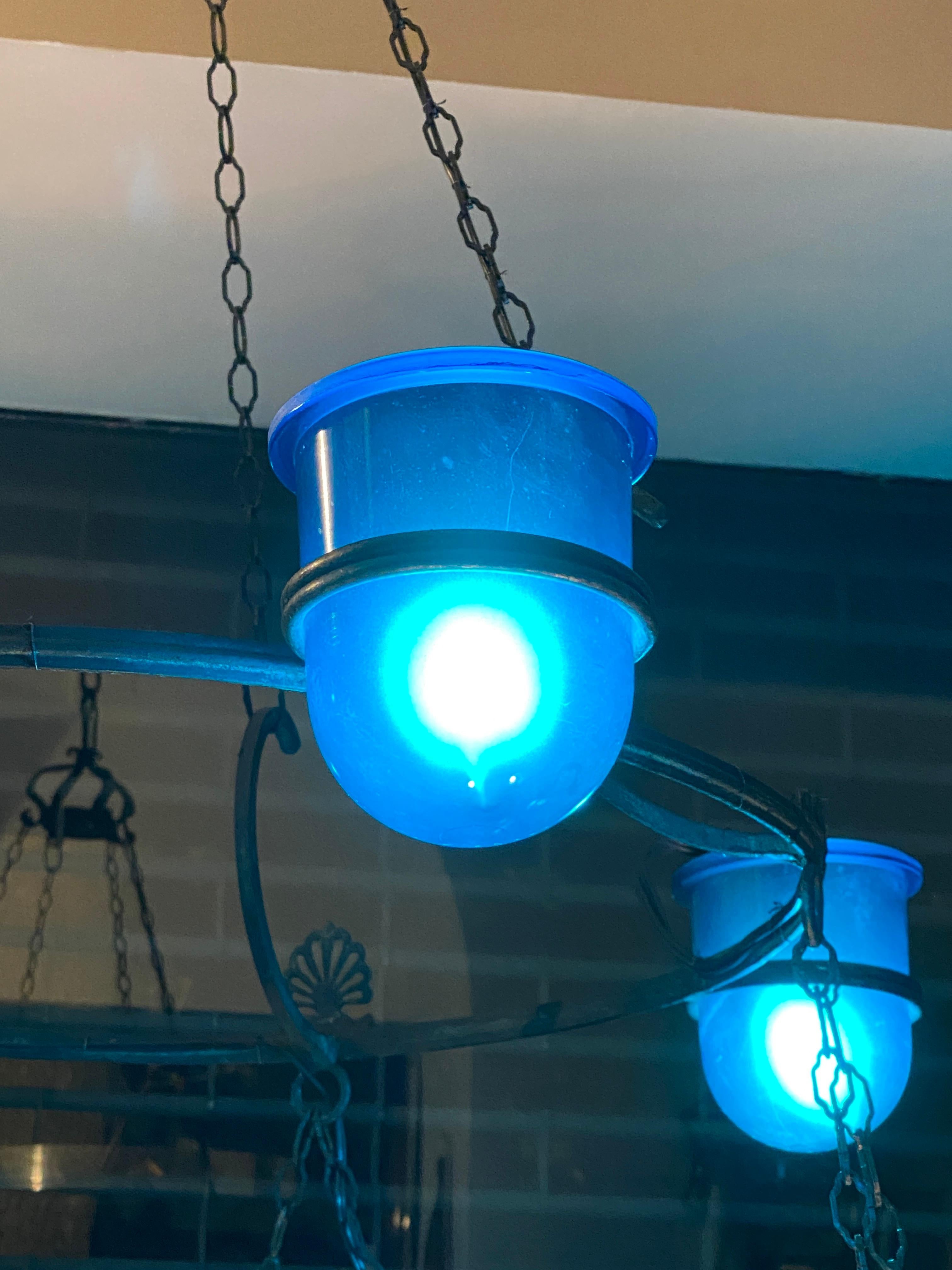 Large Italian Bronze Chandelier with Blue Glass Insets For Sale 1
