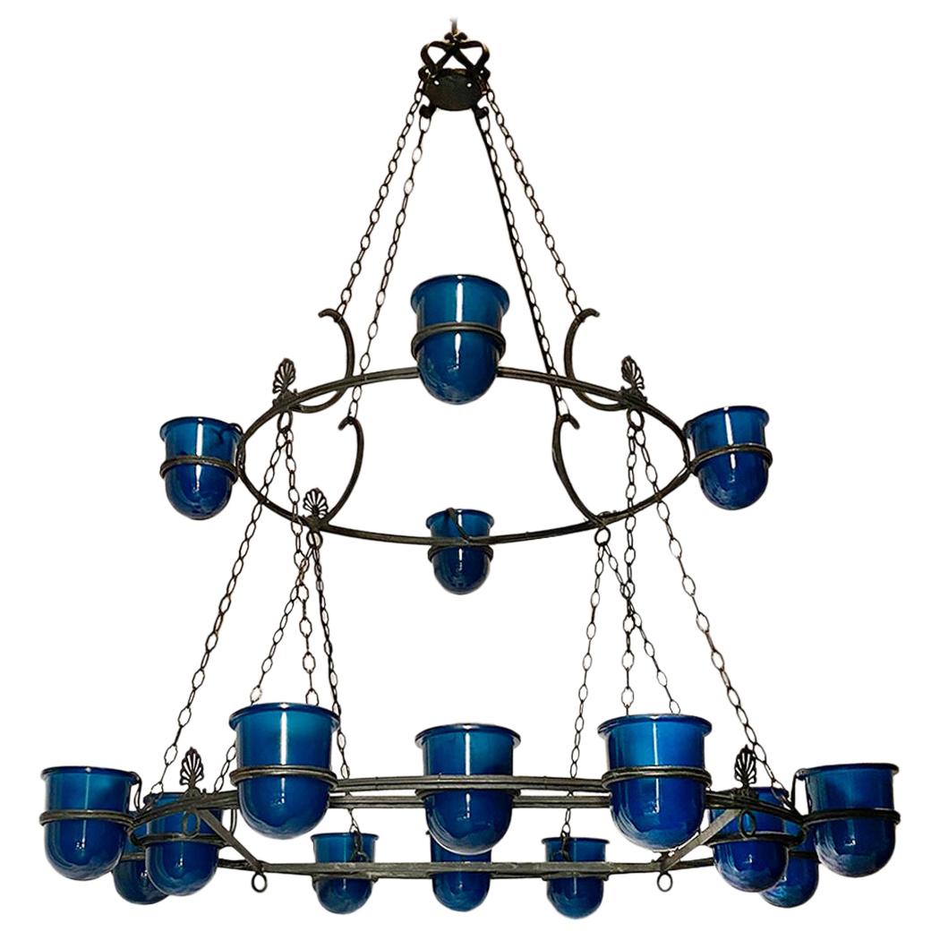 Large Italian Bronze Chandelier with Blue Glass Insets