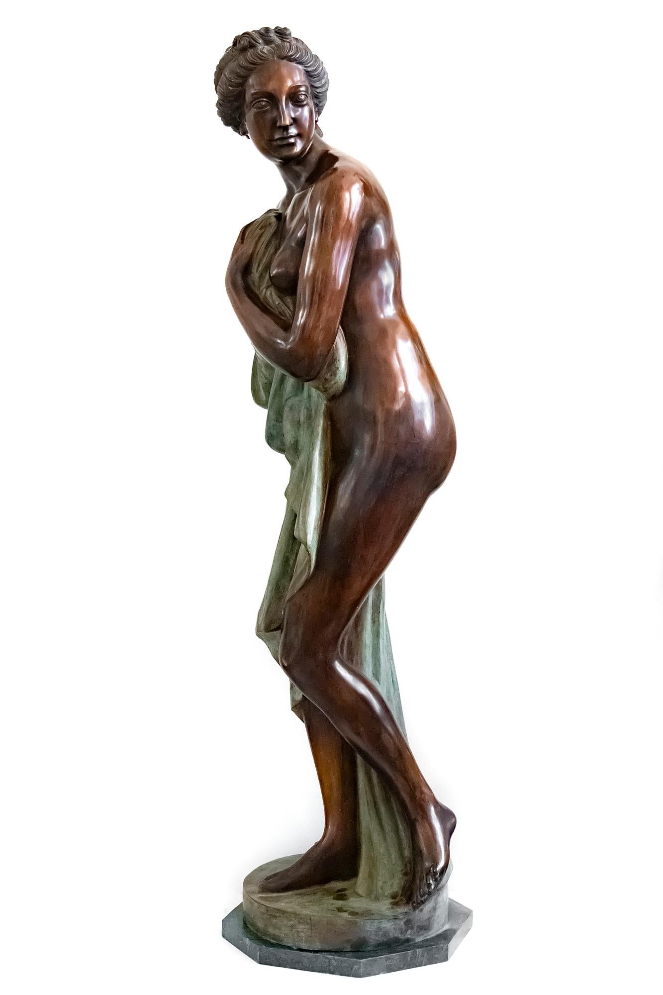 Large Italian bronze female sculpture on green marble base. The bronze is patinated with brown and green colors. Marble base is polygon shape. The approximate weight of the sculpture - 70-80 kg.