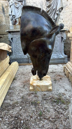 Large Italian Bronze Greek Horse Head Sculpture on Marble Base, 1980s