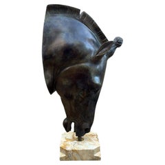 Large Italian Bronze Greek Horse Head Sculpture on Marble Base, 1980s