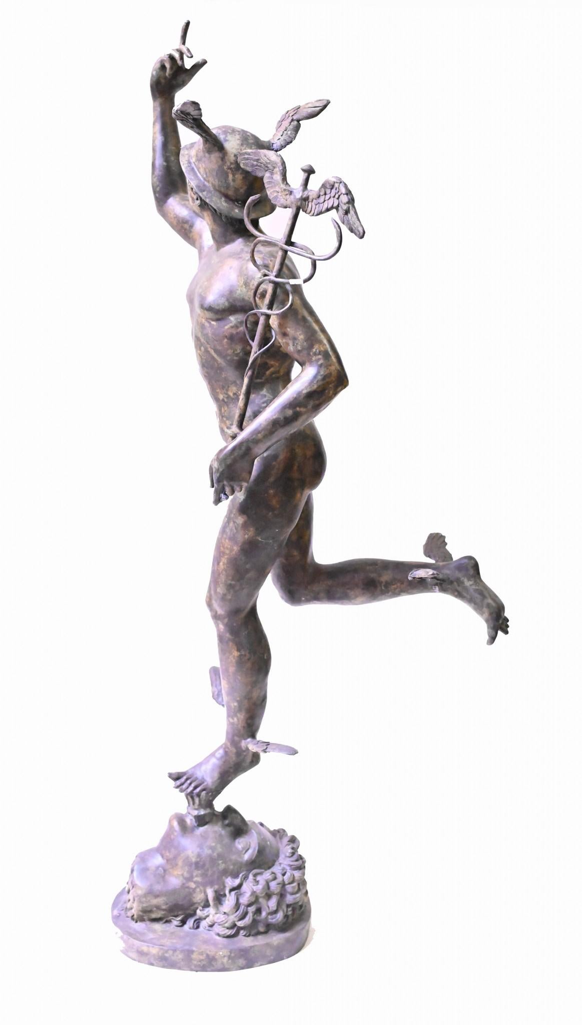 Large Italian Bronze Mercury Statue Casting Hermes by Giambologna In Good Condition For Sale In Potters Bar, GB