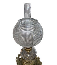 Large Italian Bronze Oil Lamp Electrified Cut Glass Cherub Base