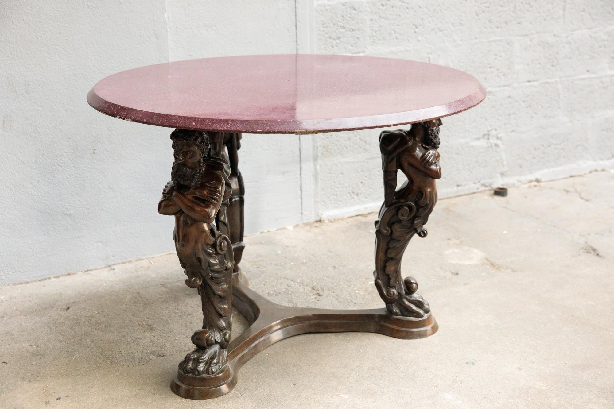 Large Italian Bronze Pedestal Table, Tray Painted in Imitation of Porphyry For Sale 1