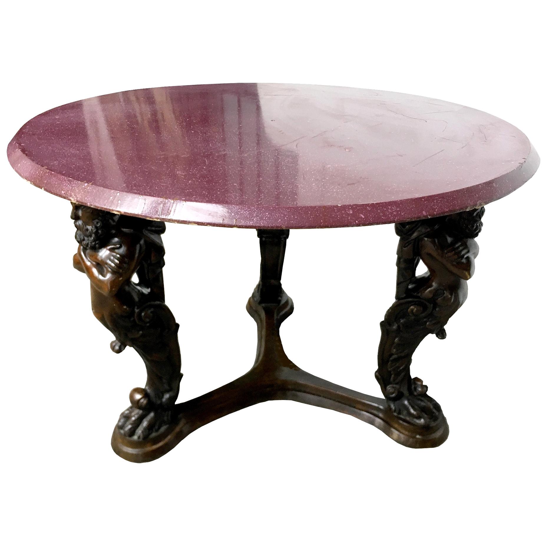Large Italian Bronze Pedestal Table, Tray Painted in Imitation of Porphyry