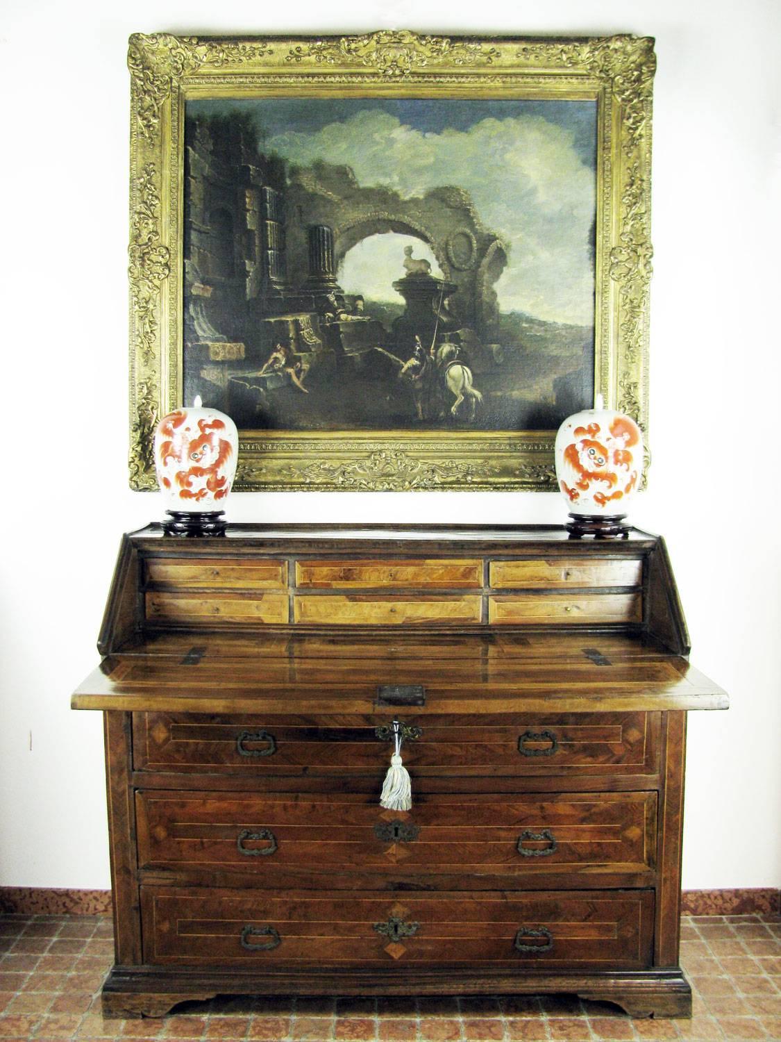 Directoire Large Italian Bureau 18th Century Inlayed Walnut Chest of Drawers with Flap For Sale