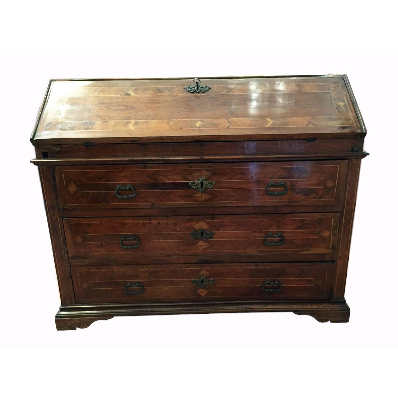 Late 18th Century Large Italian Bureau 18th Century Inlayed Walnut Chest of Drawers with Flap For Sale