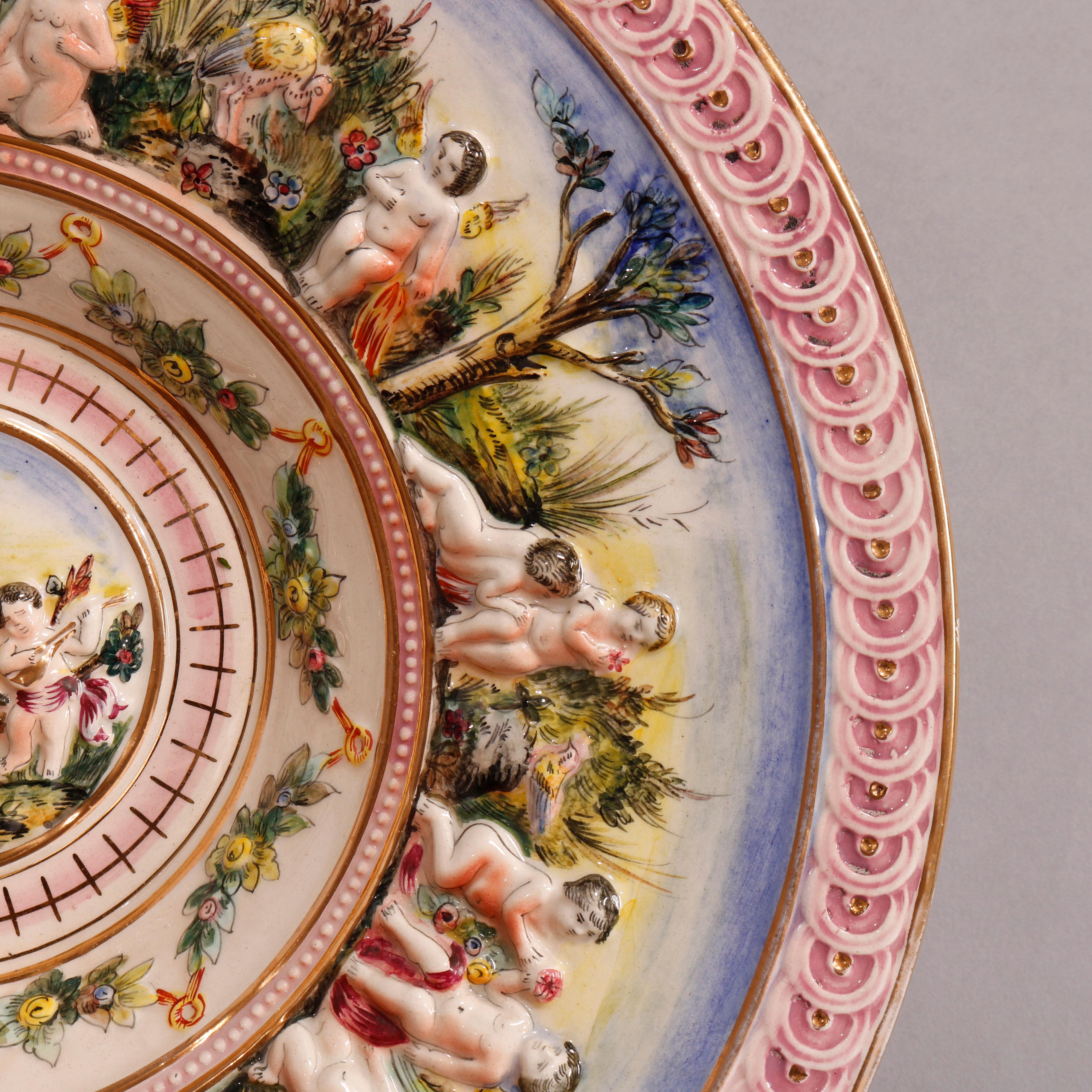 Neoclassical Large Italian Capodimonte Porcelain Center Bowl, Cherubs Scene in Relief, 20th C For Sale