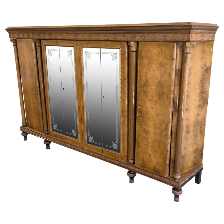 Large Italian Century Burl Wood Armoire with Decorated Mirrored Doors