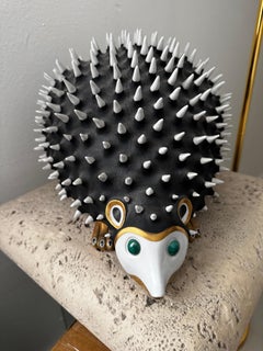 Large Italian Ceramic Hedgehog Sculpture, Black and White Glazed Earthenware