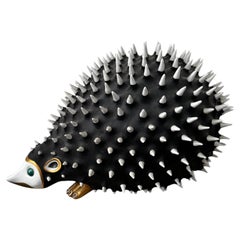 Large Italian Ceramic Hedgehog Sculpture, Black and White Glazed Earthenware