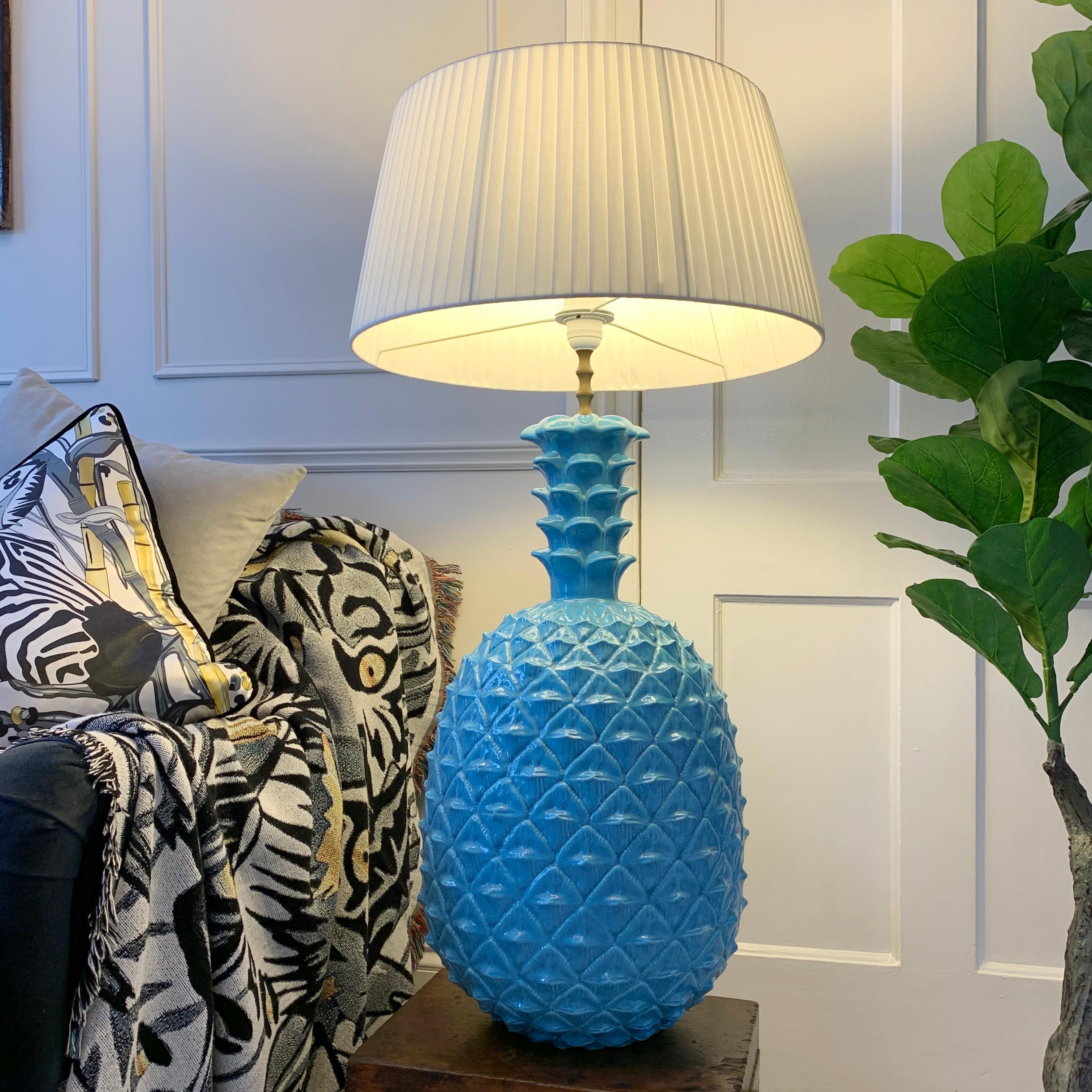 Large Blue Italian Ceramic Pineapple Lamp, 1960's For Sale 3