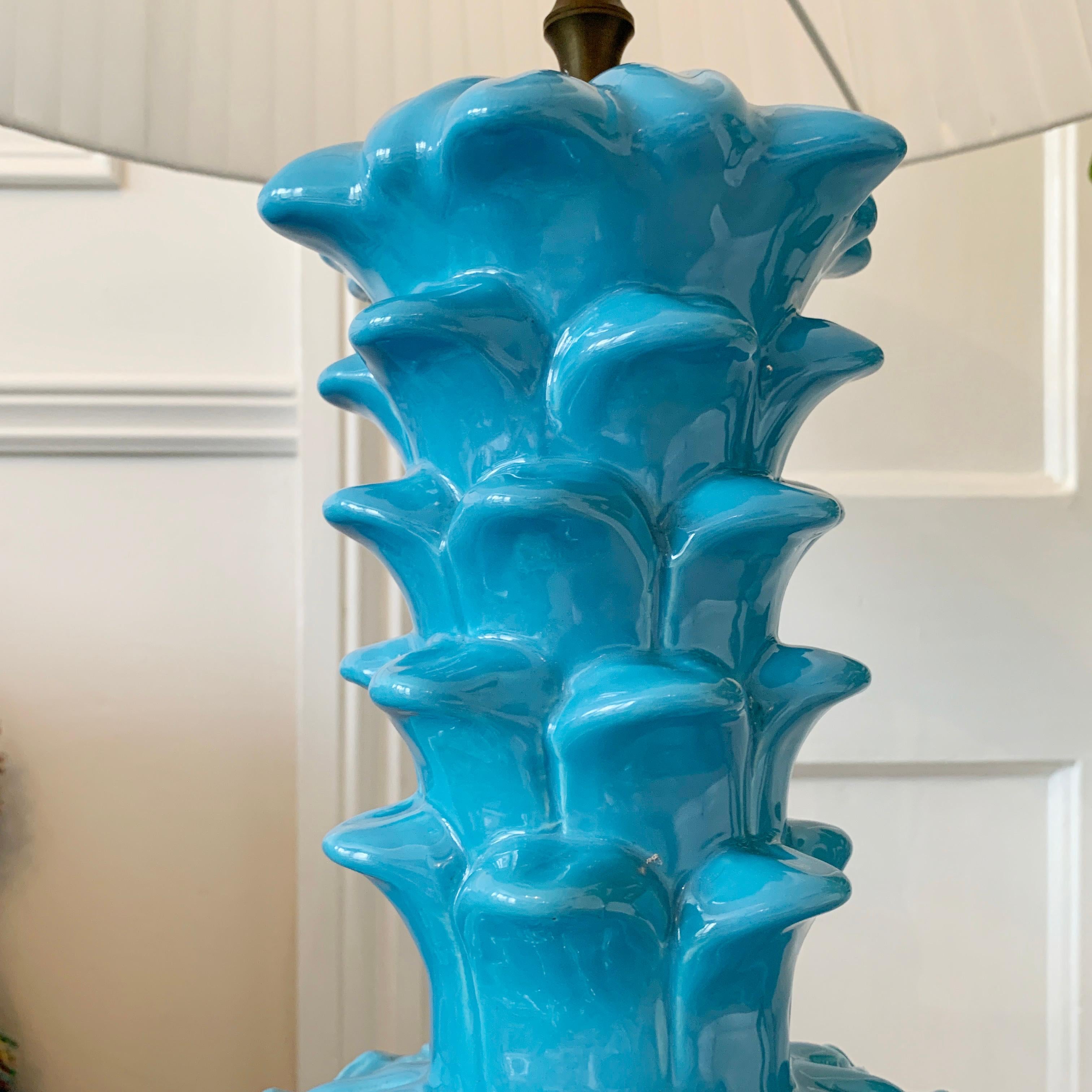 Mid-Century Modern Large Blue Italian Ceramic Pineapple Lamp, 1960's For Sale