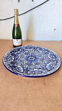 Large Italian Ceramic Serving Platter, Signed, Blue Floral & Botanical Motifs