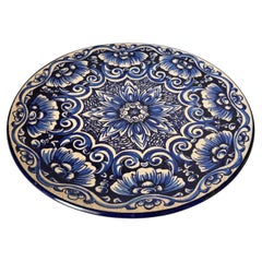 Large Italian Ceramic Serving Platter, Signed, Blue Floral & Botanical Motifs