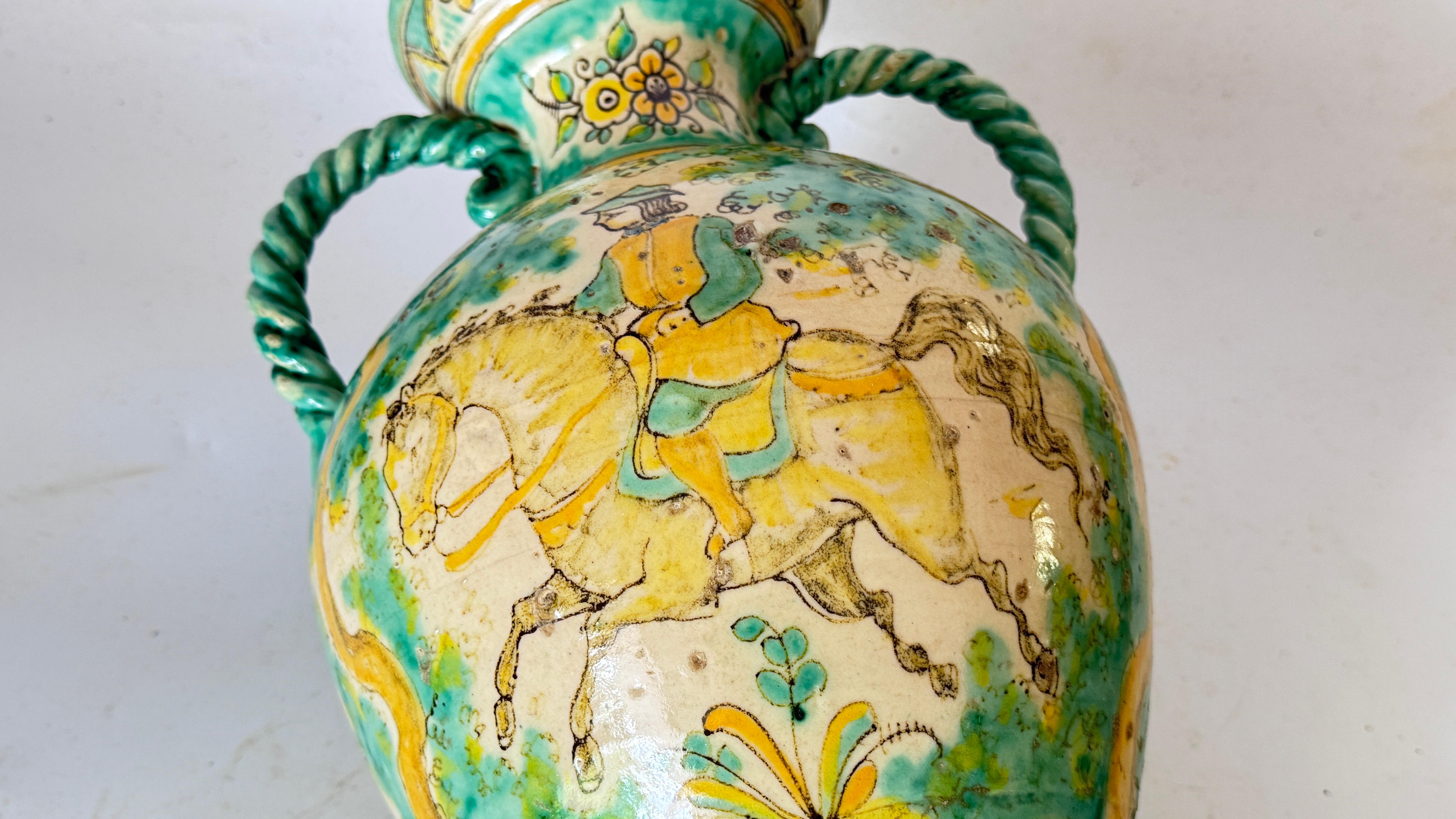 Gran Jarrón de Cerámica Italiana - Verde y Amarillo - Caballero a Caballo - Años 70 en venta 5