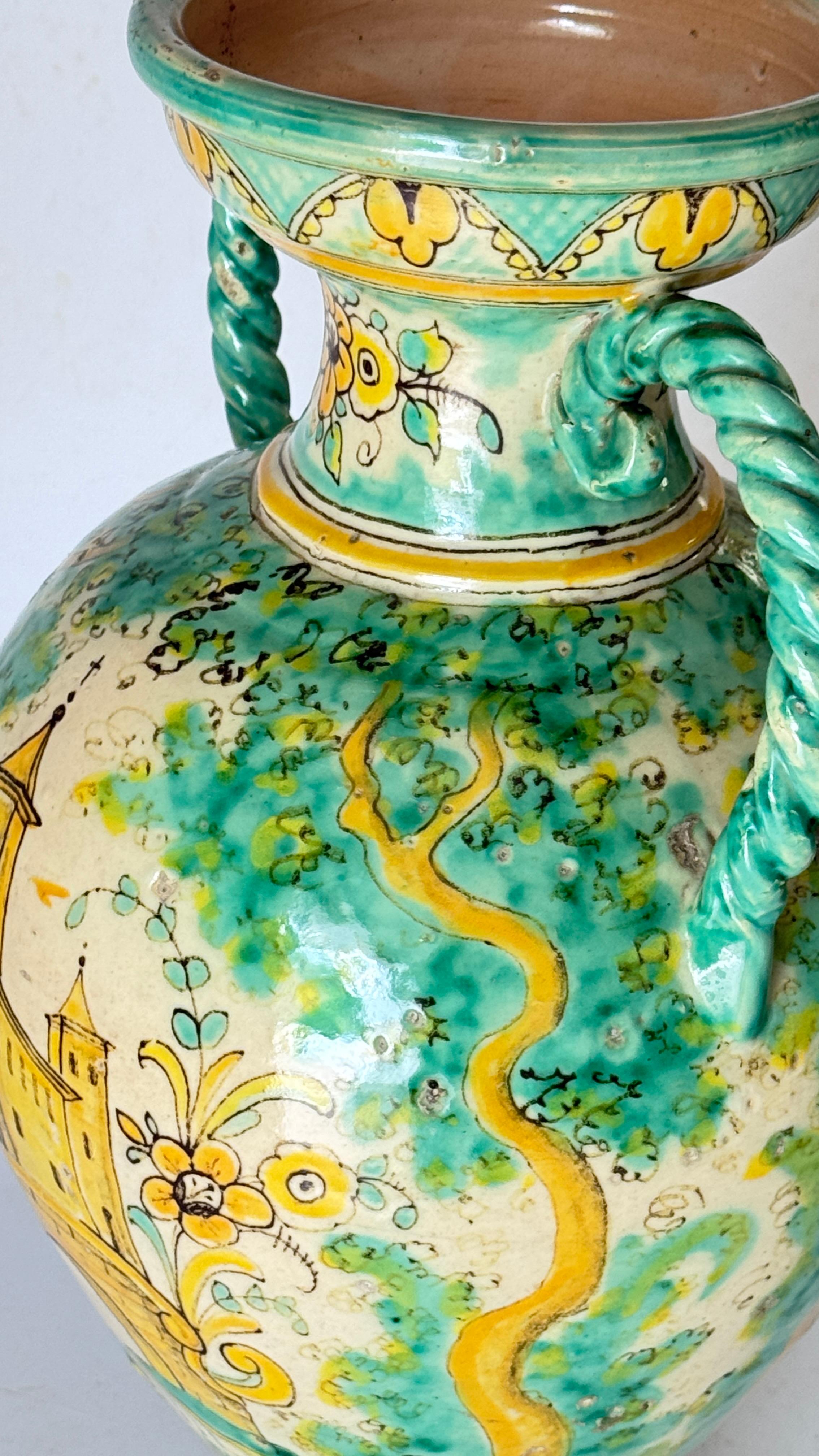 Gran Jarrón de Cerámica Italiana - Verde y Amarillo - Caballero a Caballo - Años 70 Italiano en venta