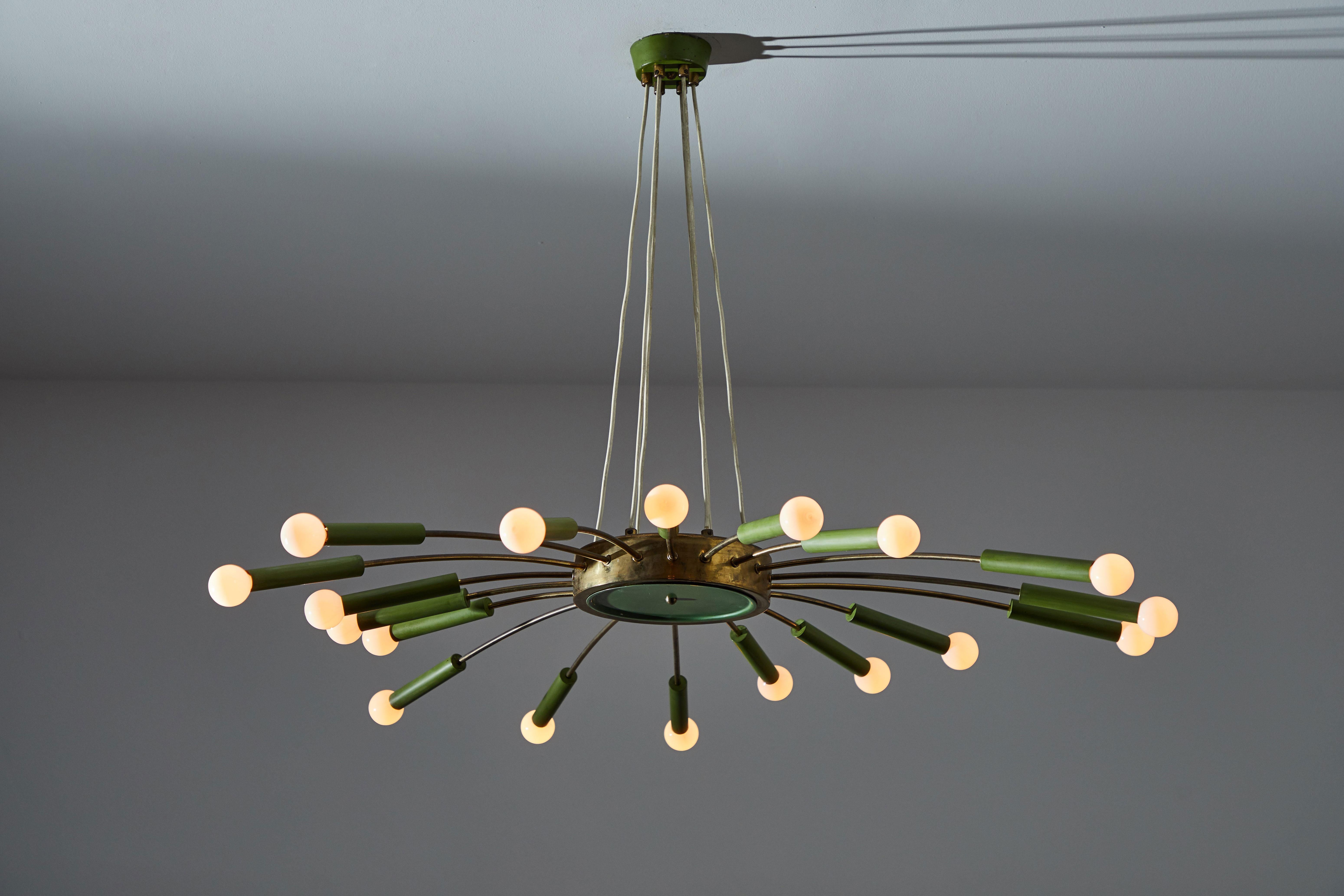 Large chandelier manufactured in Italy, circa 1950s. Brass, lacquered metal. Original paint, paint and canopy, rewired for US junction boxes. Takes eighteen E14 15w maximum bulbs.