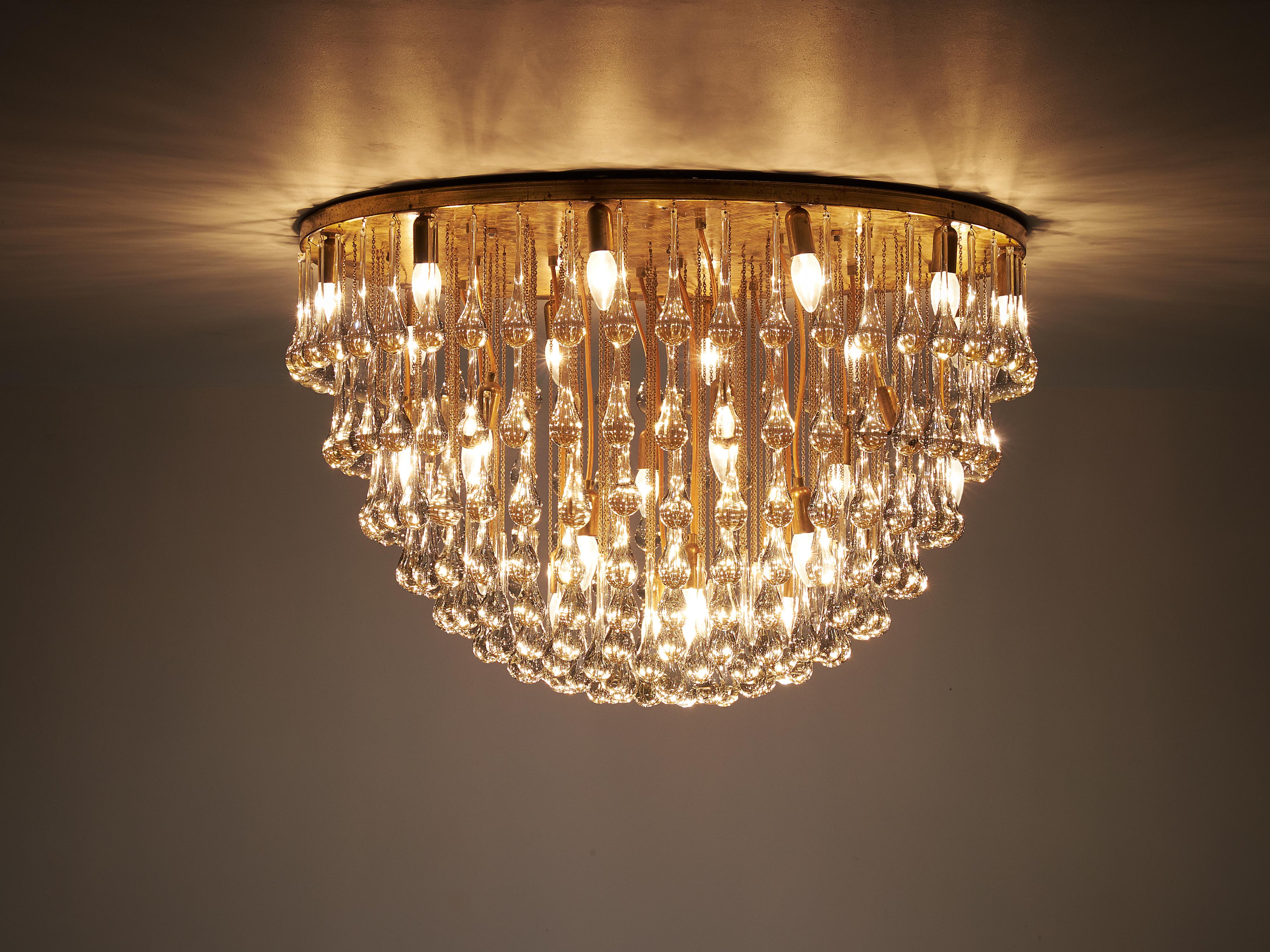 Mid-20th Century Large Italian Chandelier in Brass with Glass Drops