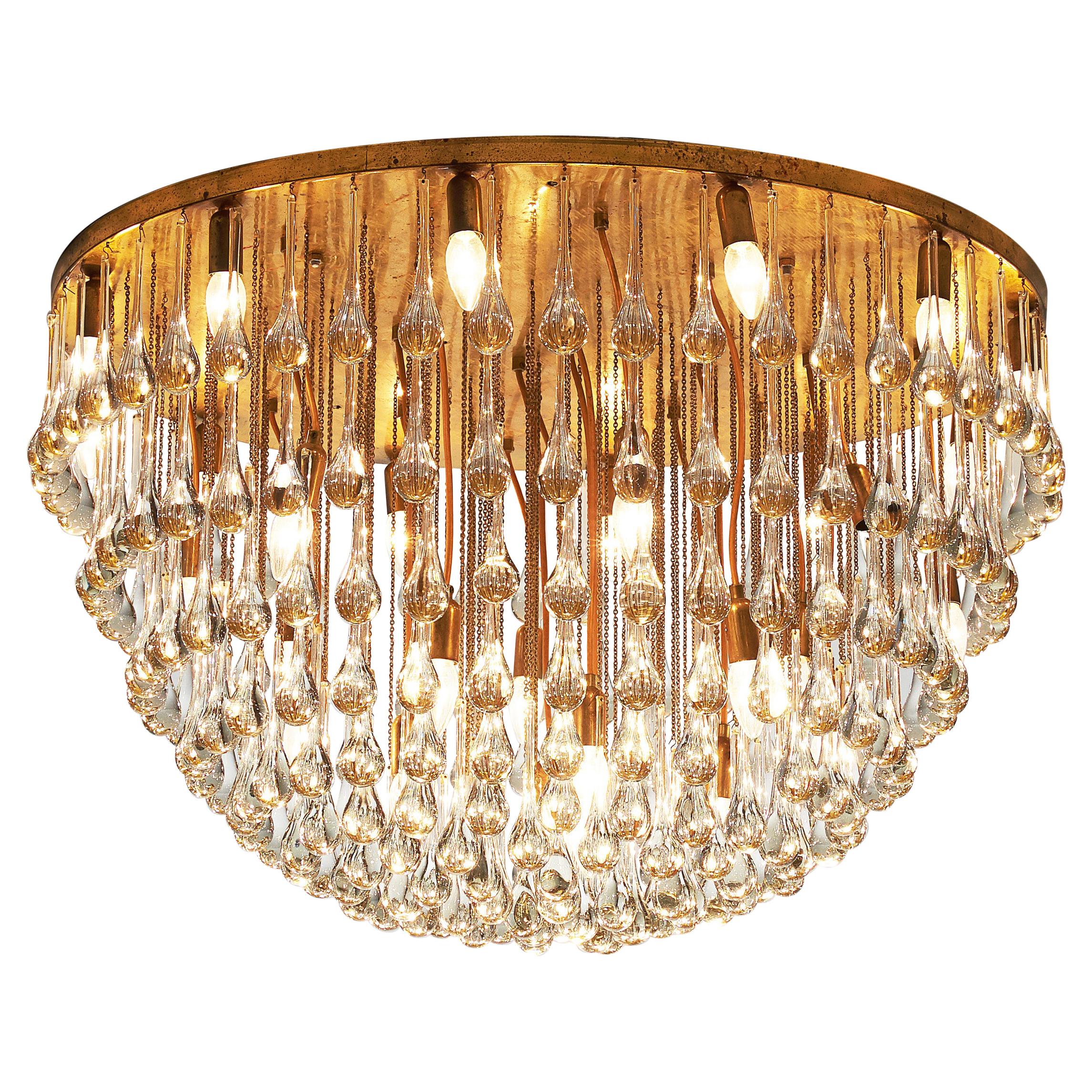 Large Italian Chandelier in Brass with Glass Drops