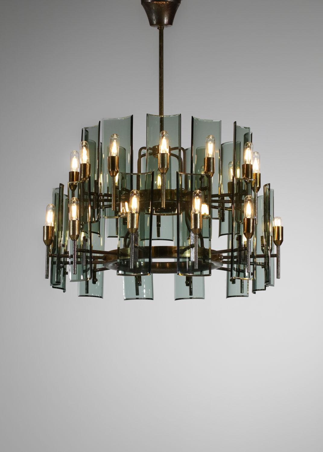Large Italian chandelier of the 50s smoked glass and brass - G011 6