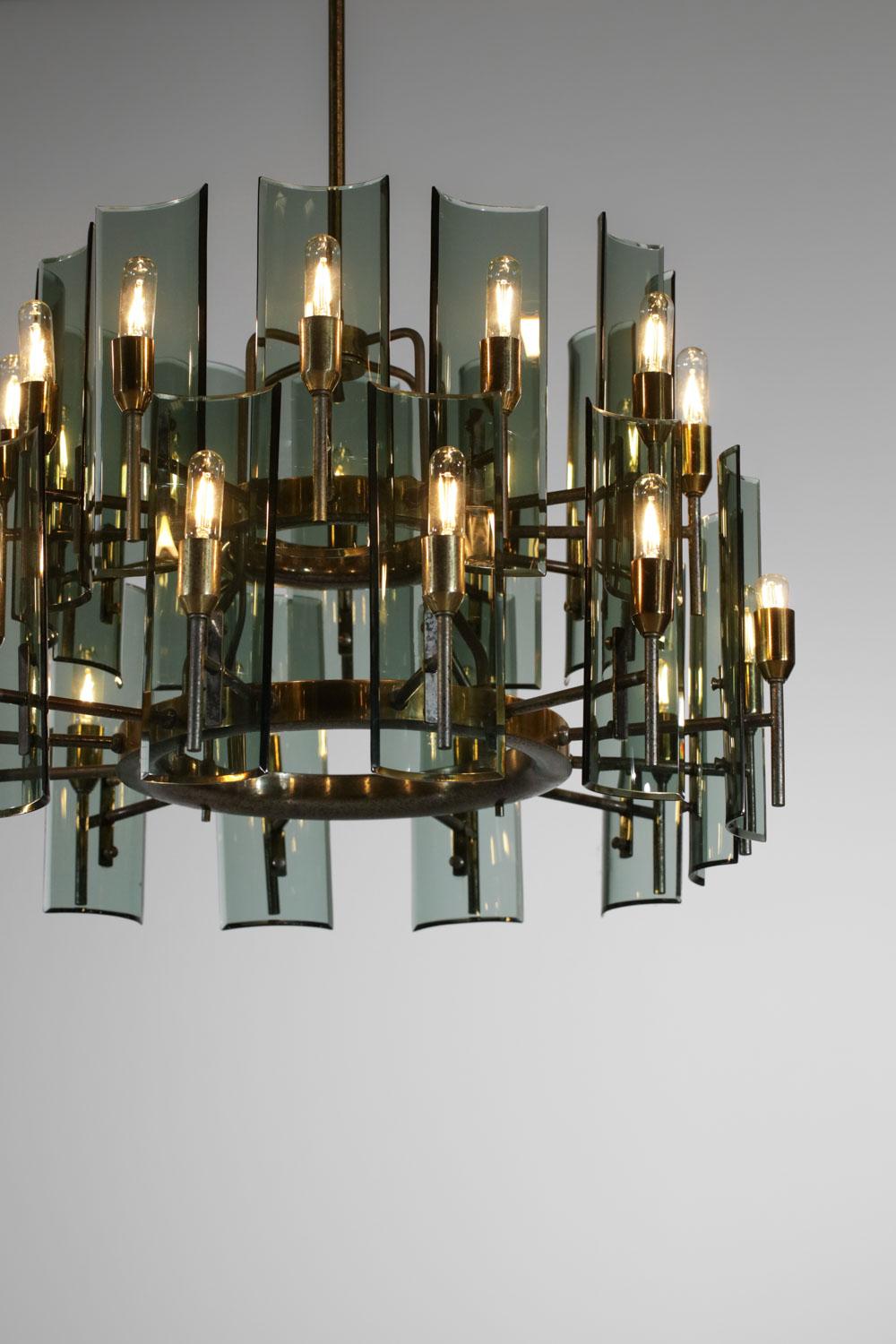 Large Italian chandelier of the 50s smoked glass and brass - G011 7