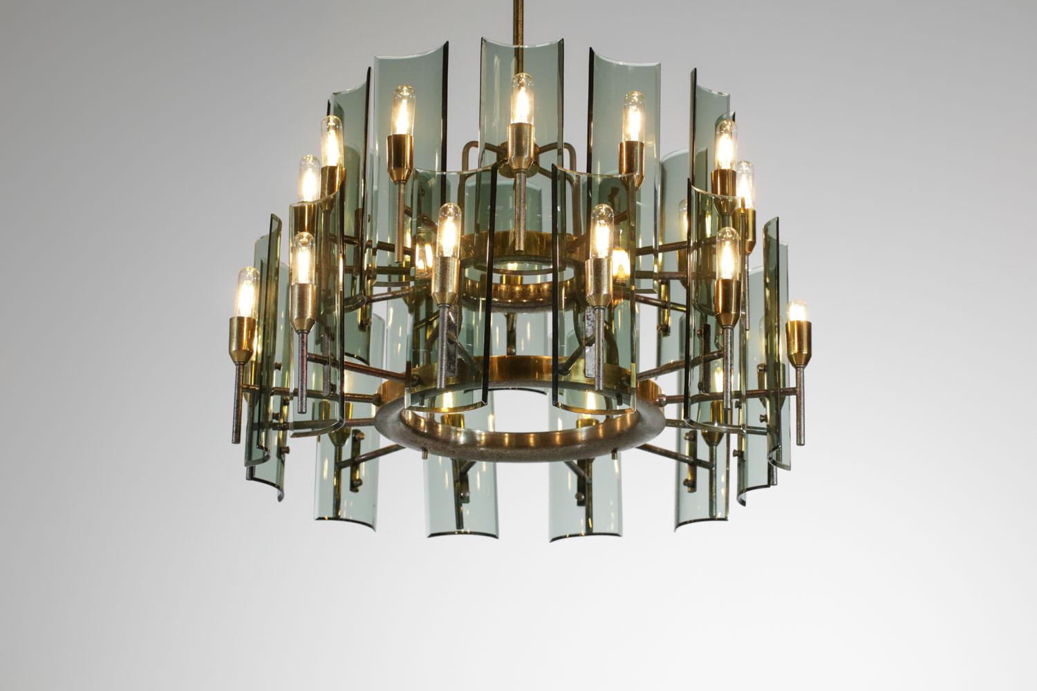 Large Italian chandelier of the 50s smoked glass and brass - G011 2