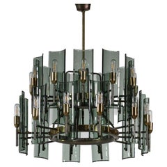 Large Italian chandelier of the 50s smoked glass and brass - G011