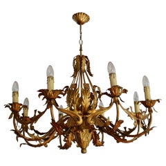 Large Italian Chandelier Pendant Light, Gilt Metal, 1970s
