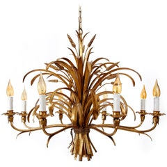 Large Italian Chandelier Pendant Light, Gilt Metal, 1970s