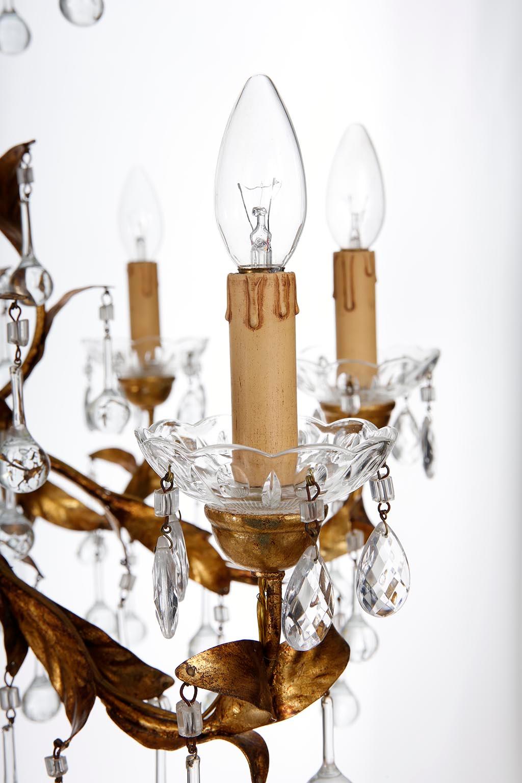 Large Italian Chandelier Pendant Light, Gilt Metal Glass, Italy, 1970s 5