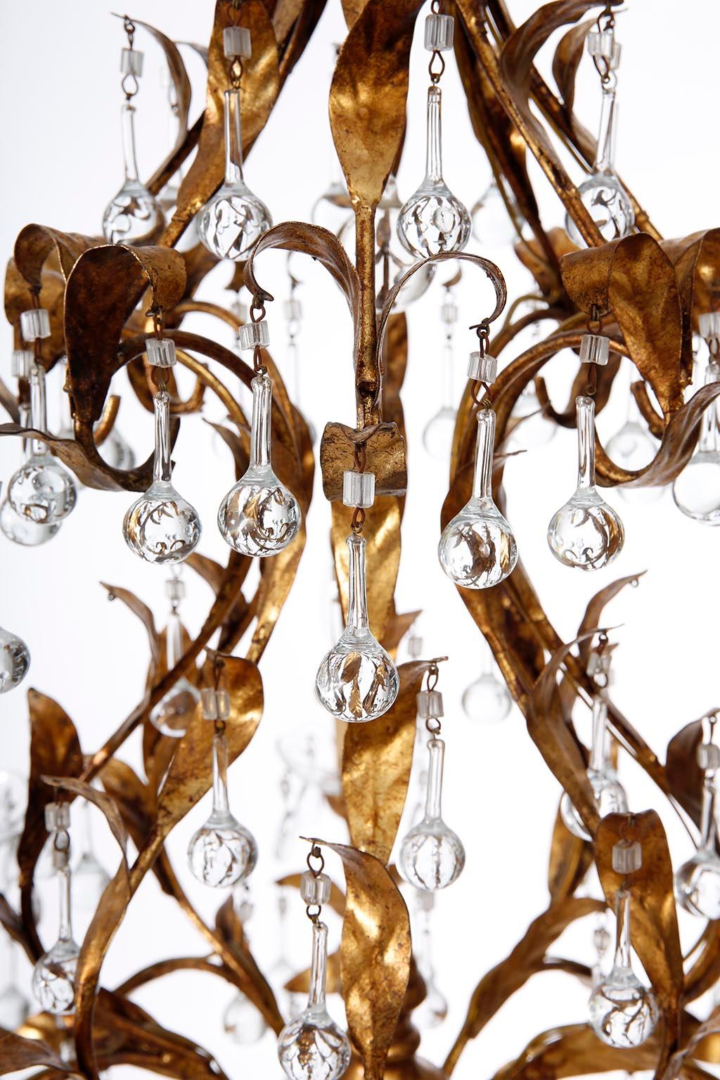Large Italian Chandelier Pendant Light, Gilt Metal Glass, Italy, 1970s 3