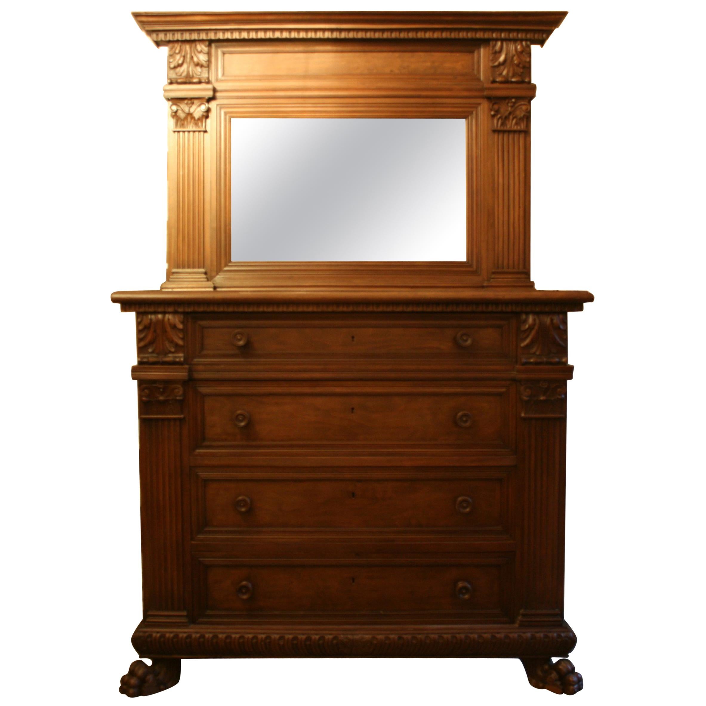 Large Italian Chest of Drawers with Mirror, Walnut, circa 1900