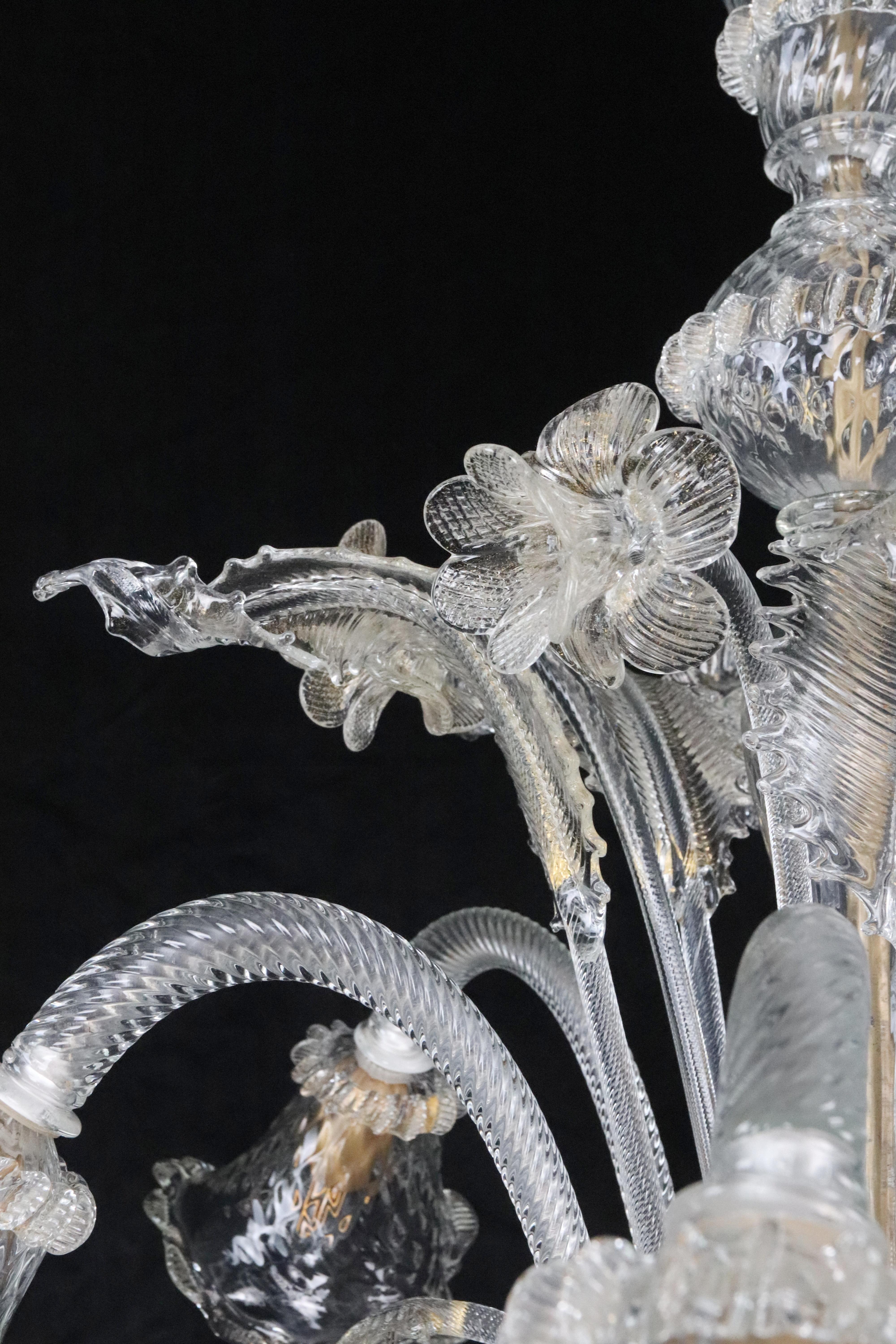 Grande lampadario italiano in vetro di Murano trasparente a 6 bracci in vendita 8