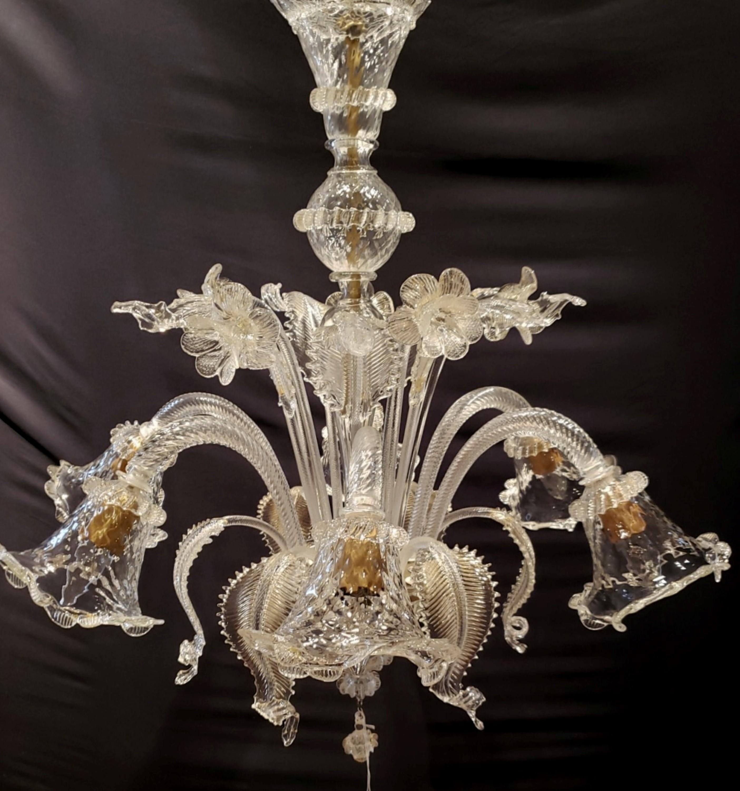 Large Italian Clear 6 Arm Murano Glass Chandelier In Good Condition For Sale In New York, NY