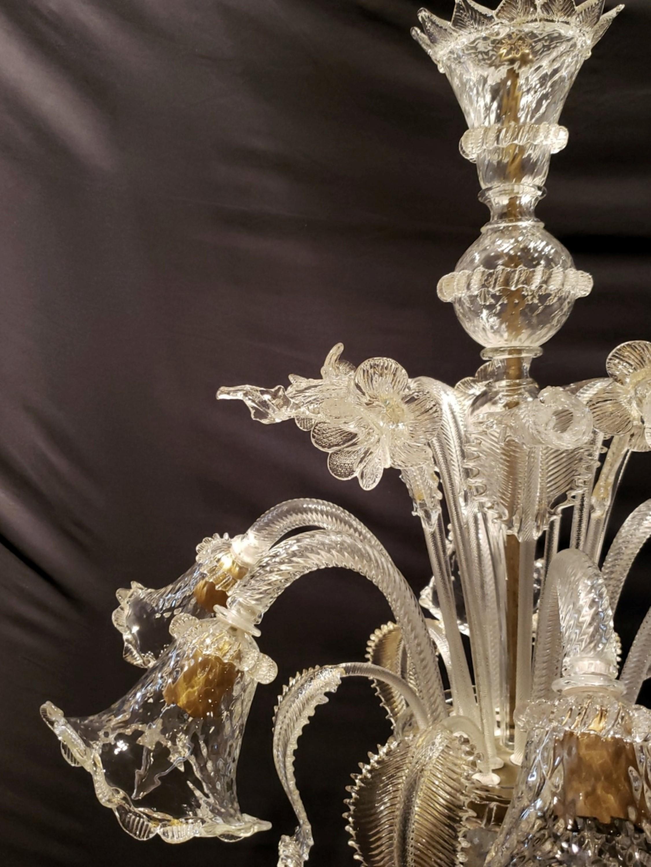 20th Century Large Italian Clear 6 Arm Murano Glass Chandelier For Sale