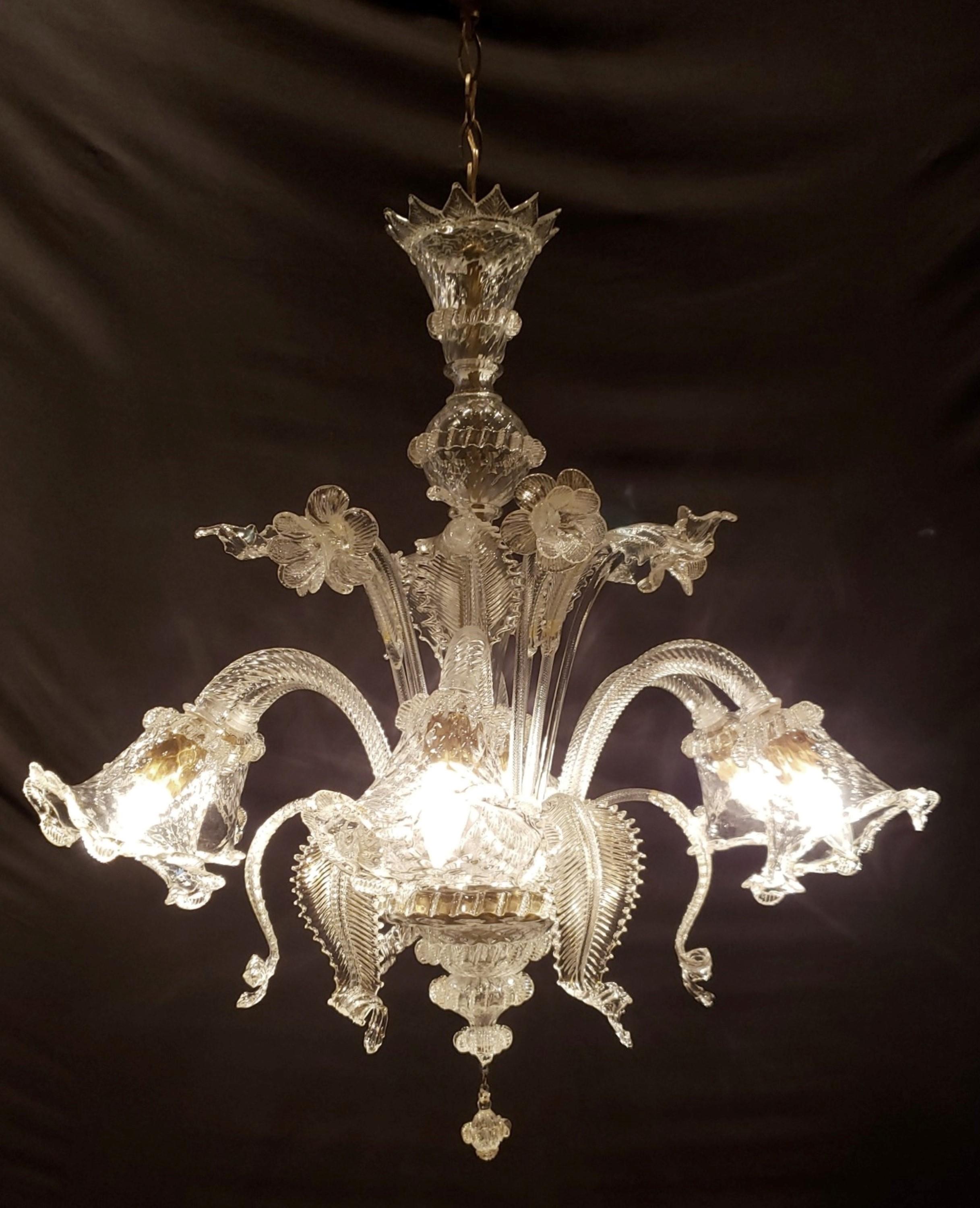 Large Italian Clear 6 Arm Murano Glass Chandelier For Sale 1