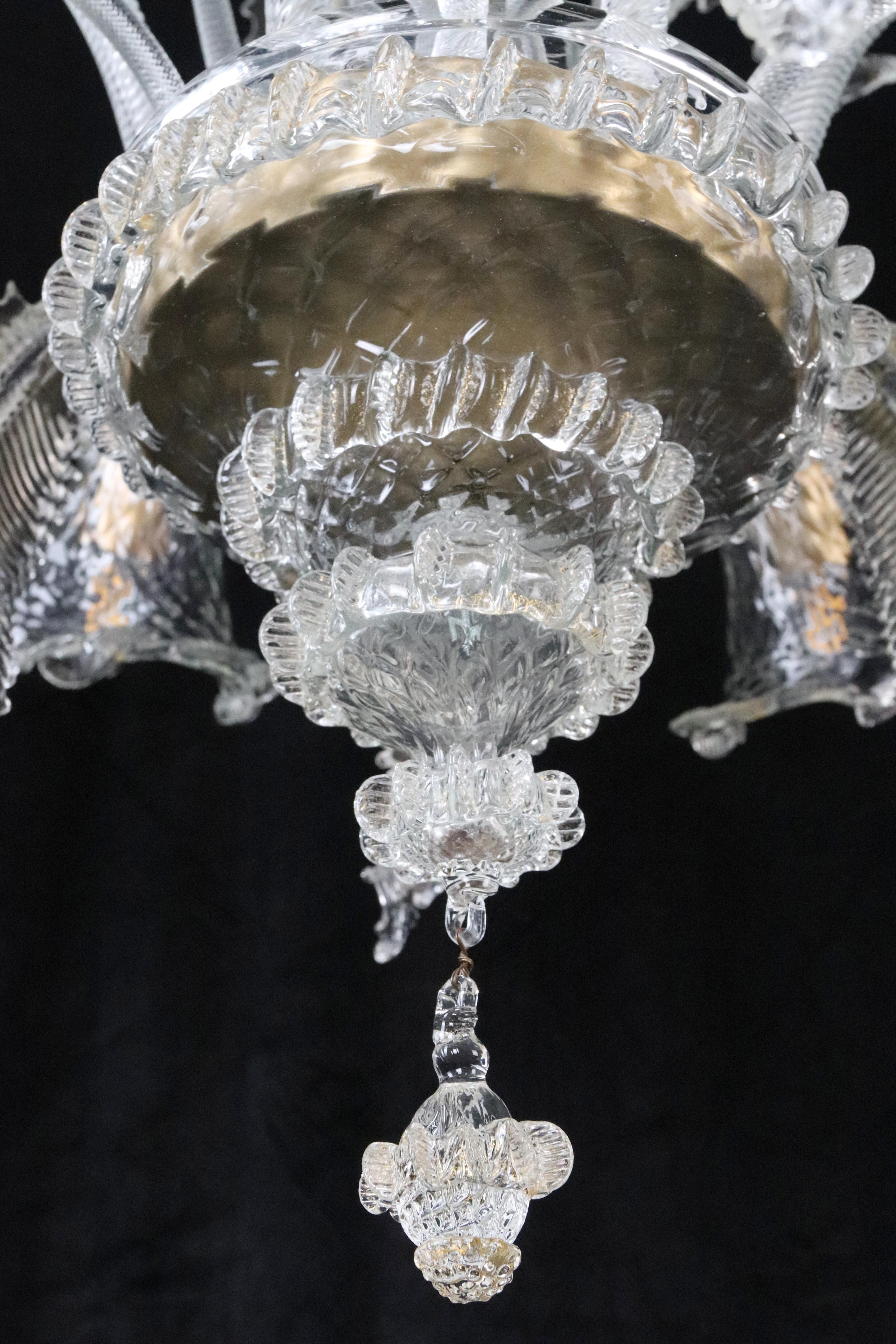 Metallo Grande lampadario italiano in vetro di Murano trasparente a 6 bracci in vendita
