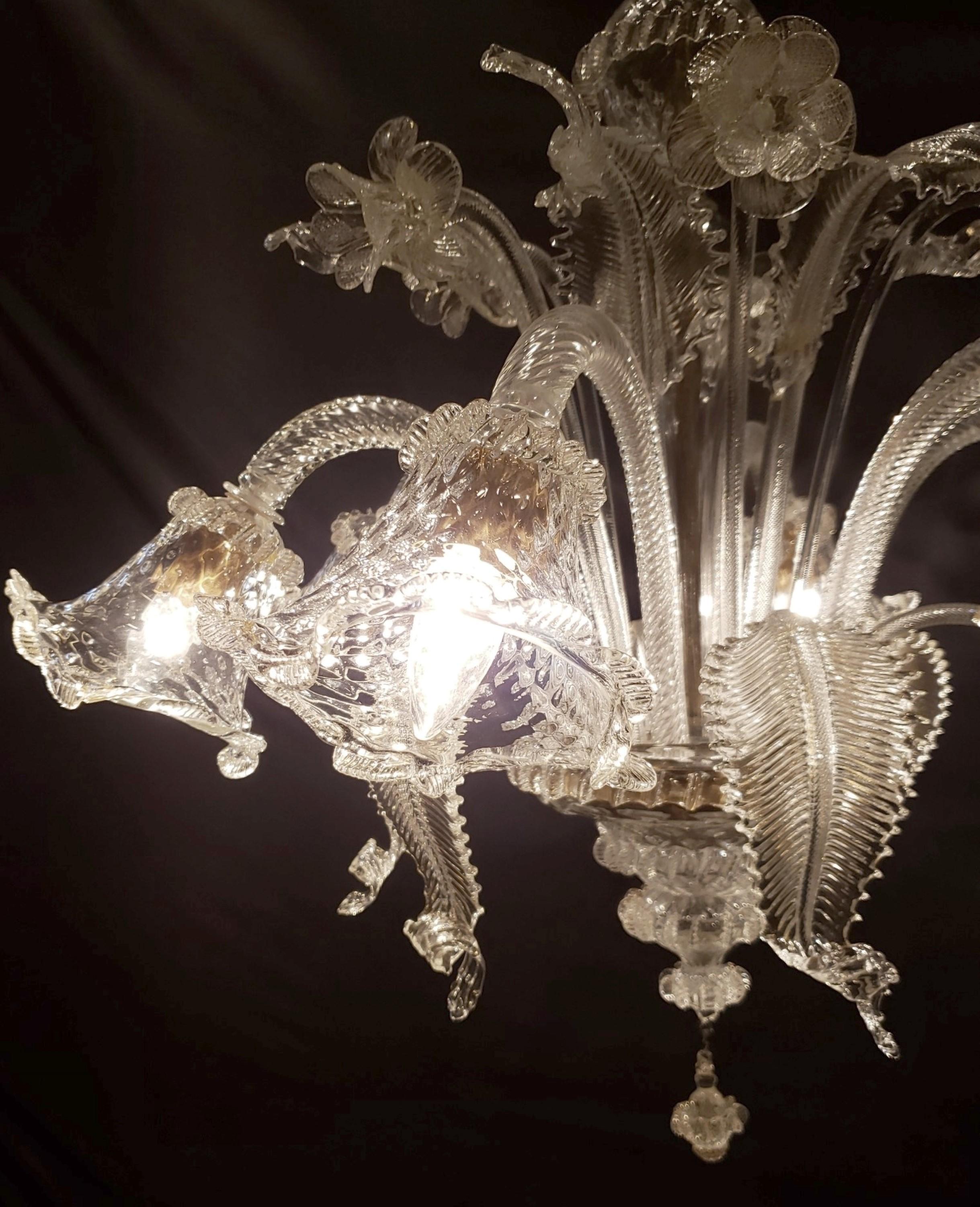 Large Italian Clear 6 Arm Murano Glass Chandelier For Sale 2
