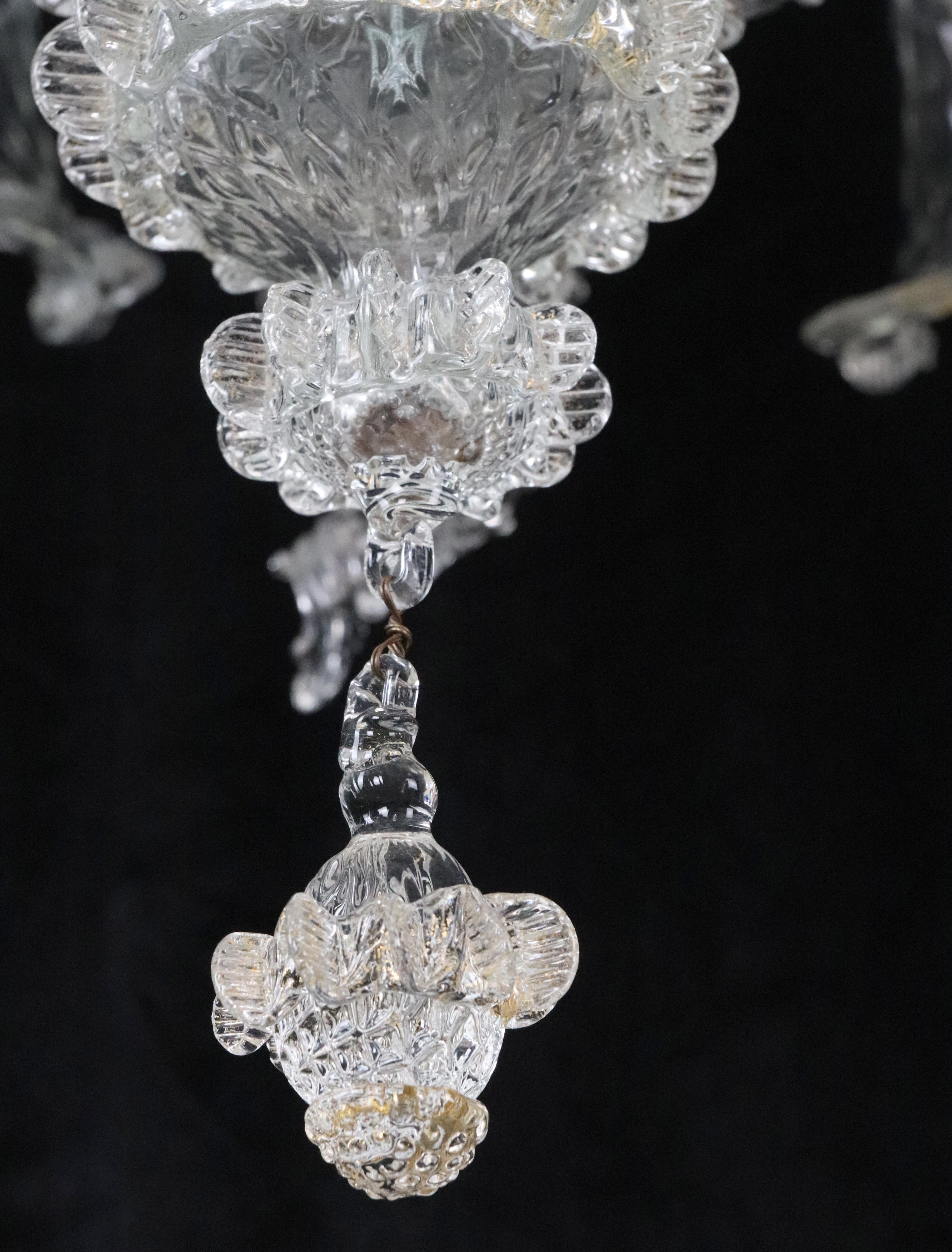 Grande lampadario italiano in vetro di Murano trasparente a 6 bracci in vendita 1