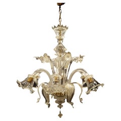 Vintage Large Italian Clear 6 Arm Murano Glass Chandelier