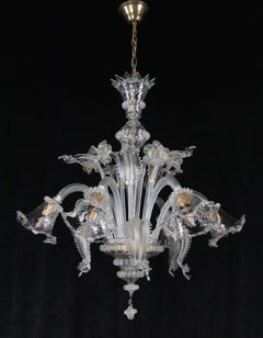 Grande lampadario italiano in vetro di Murano trasparente a 6 bracci