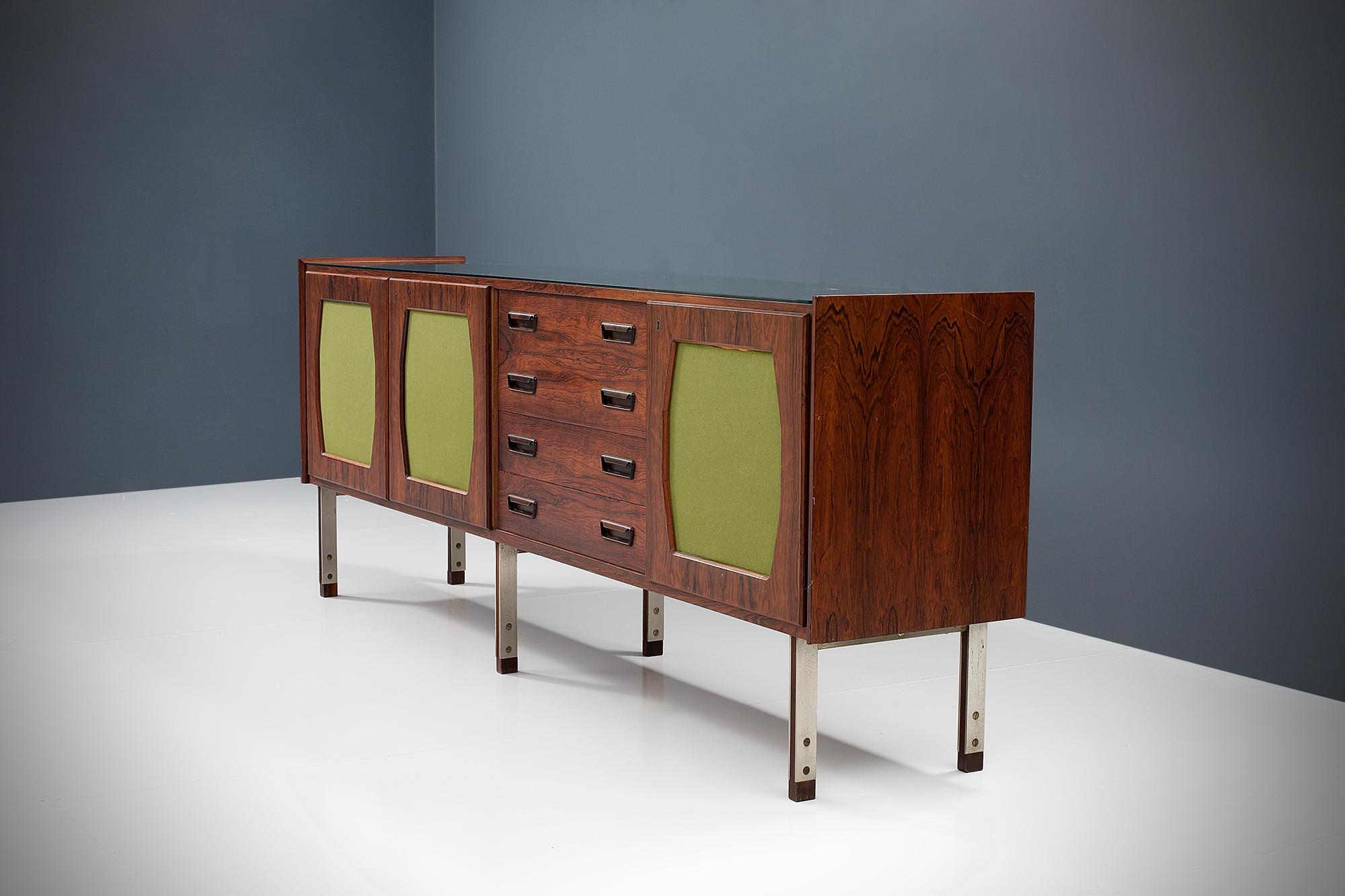 Large Italian Credenza in Rosewood, Felt, Glass and Metal, 1960s In Good Condition In Amsterdam, NL