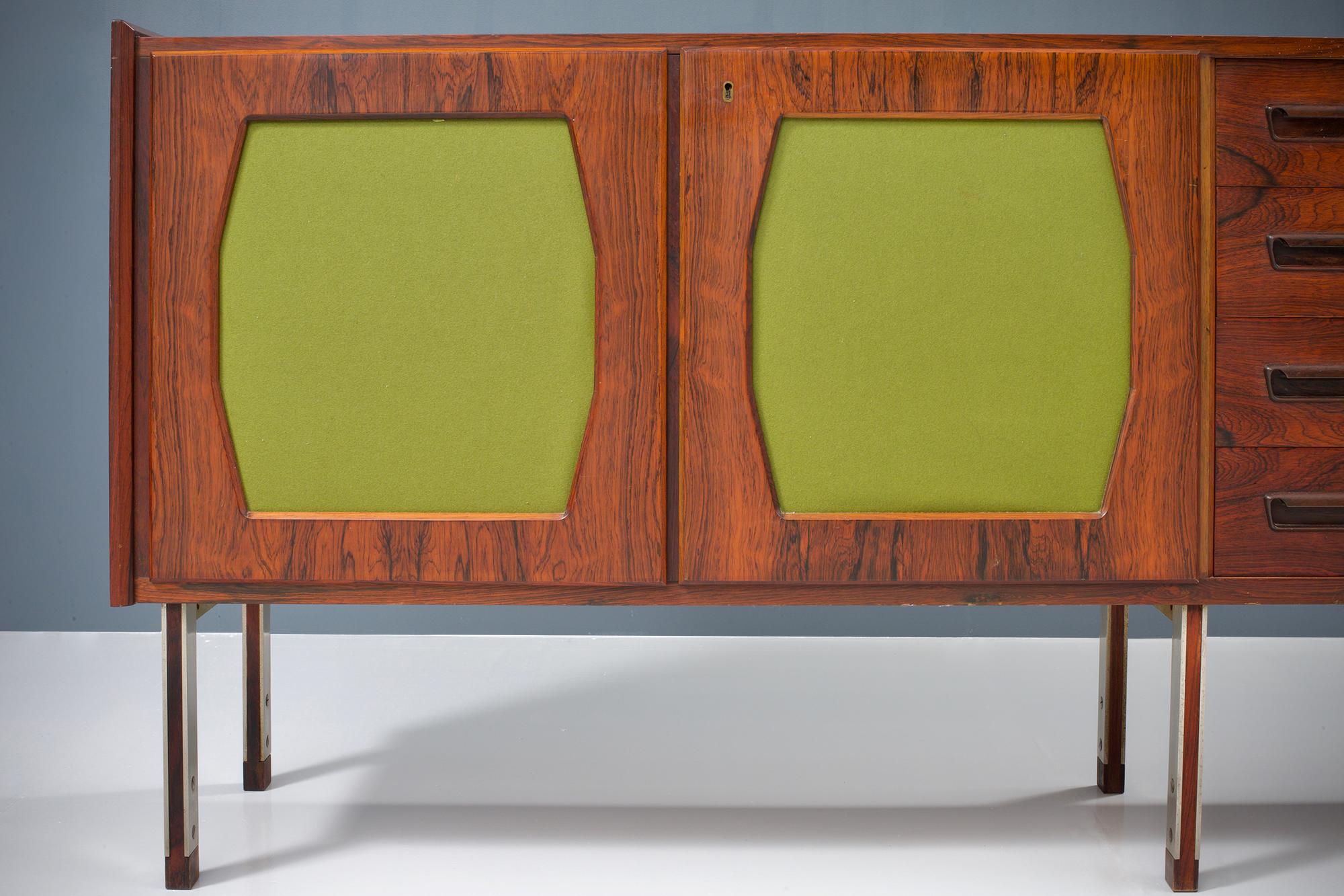 Large Italian Credenza in Rosewood, Felt, Glass and Metal, 1960s 2