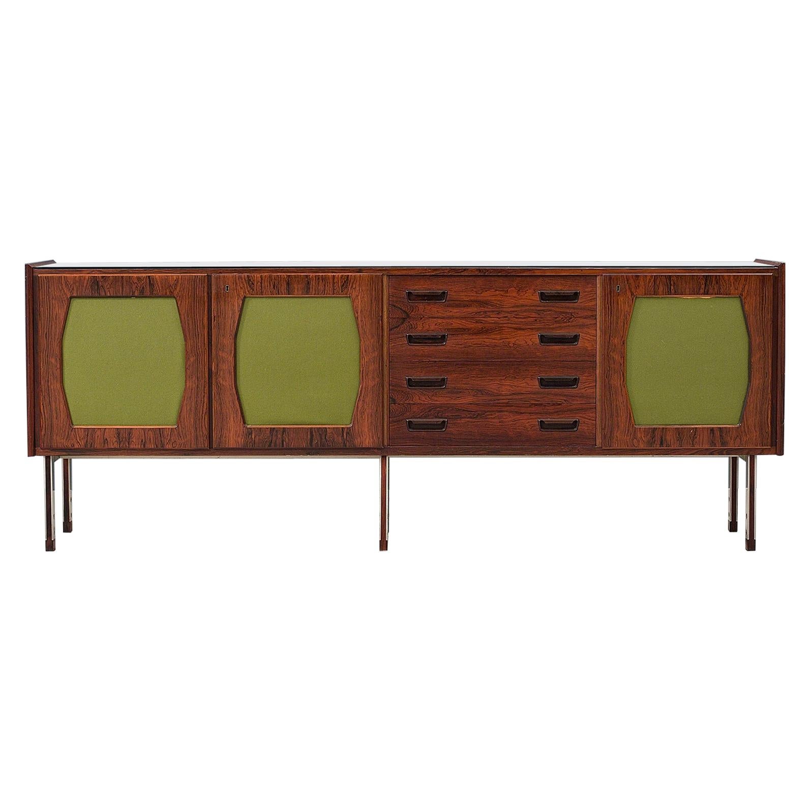 Large Italian Credenza in Rosewood, Felt, Glass and Metal, 1960s