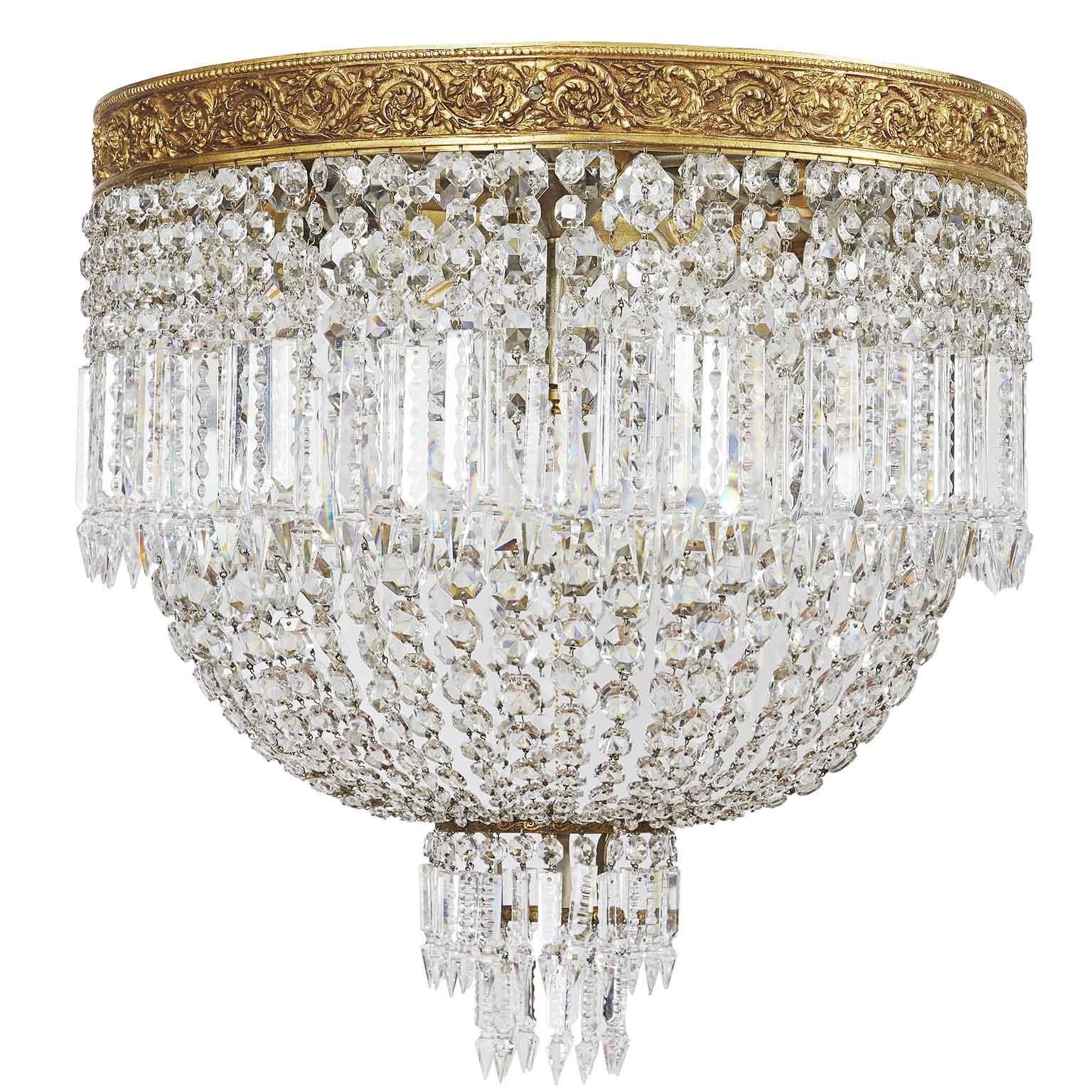 Large Italian circular crystal flush mount, a Neoclassical style ceiling fixture, a timeless circular six-light crystal pendant dating back to circa 1955, coming from an extraordinary elegant villa in Milan, Northern Italy. 
It is in good condition